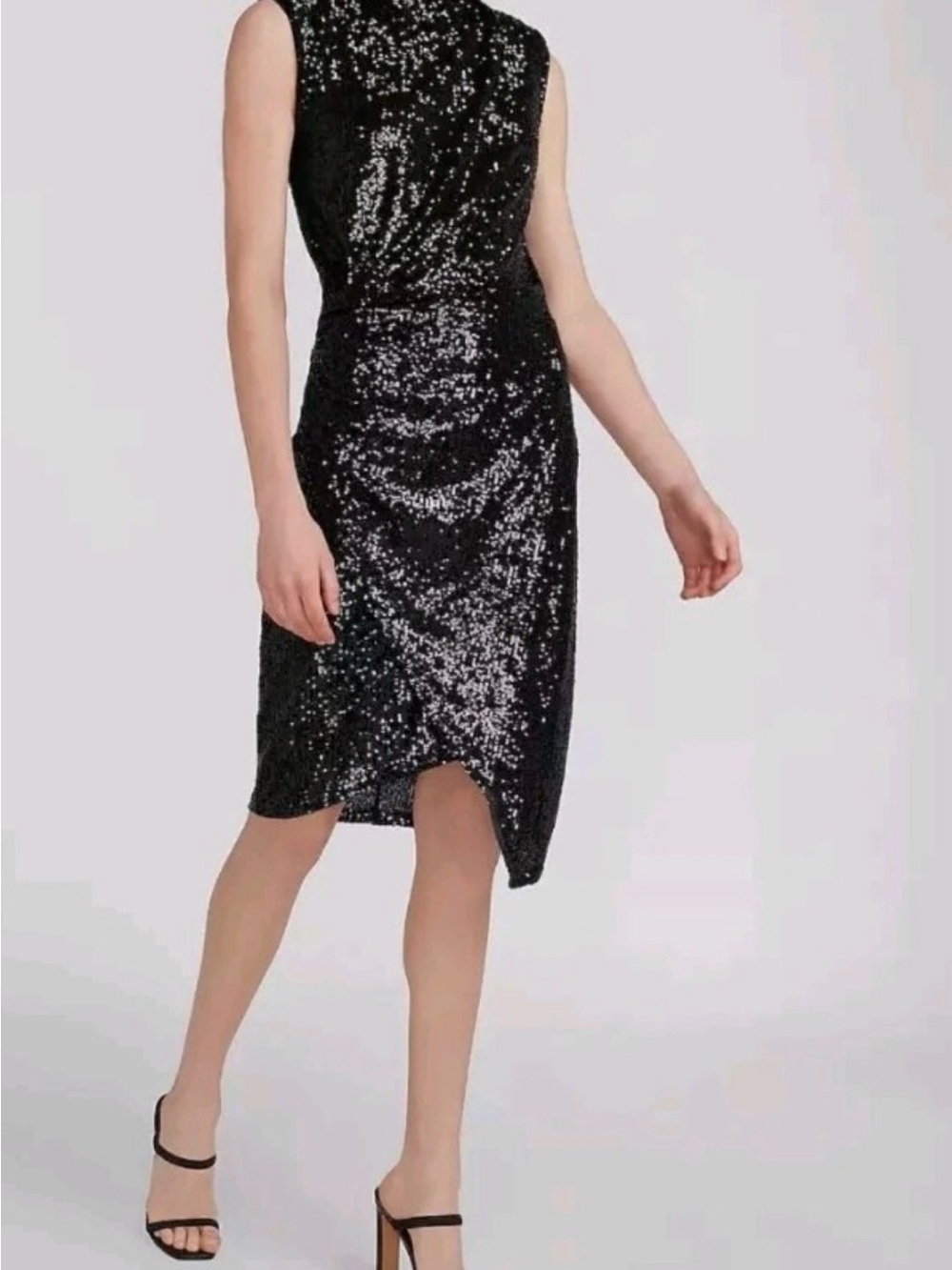 Express Sequin Mock Neck Side Ruched Asymmetrical Hem Black Sze M Cocktail Party